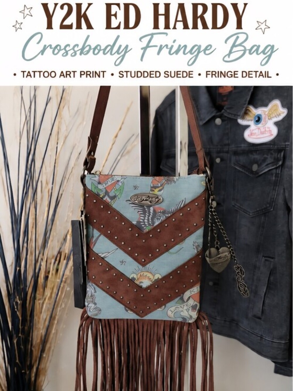 Y2K Ed Hardy Crossbody Fringe Bag – Tattoo Print Studded